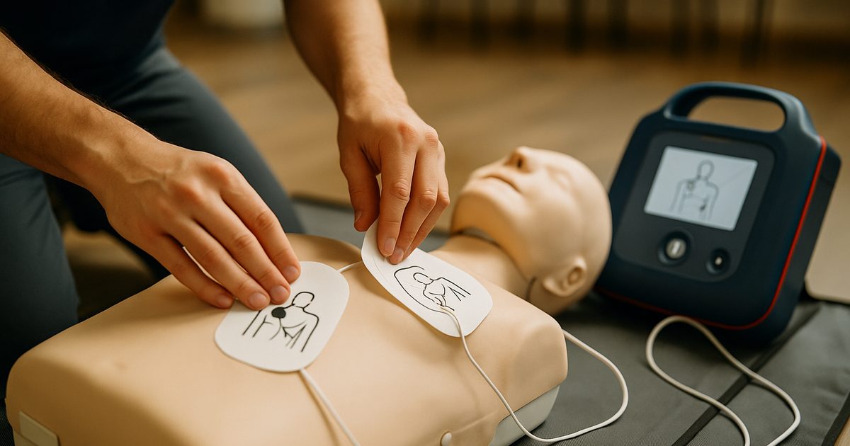 Naklejanie elektrod AED na fantomie podczas szkolenia — jedna elektroda pod prawym obojczykiem, druga poniżej lewej pachy, obok defibrylator AED